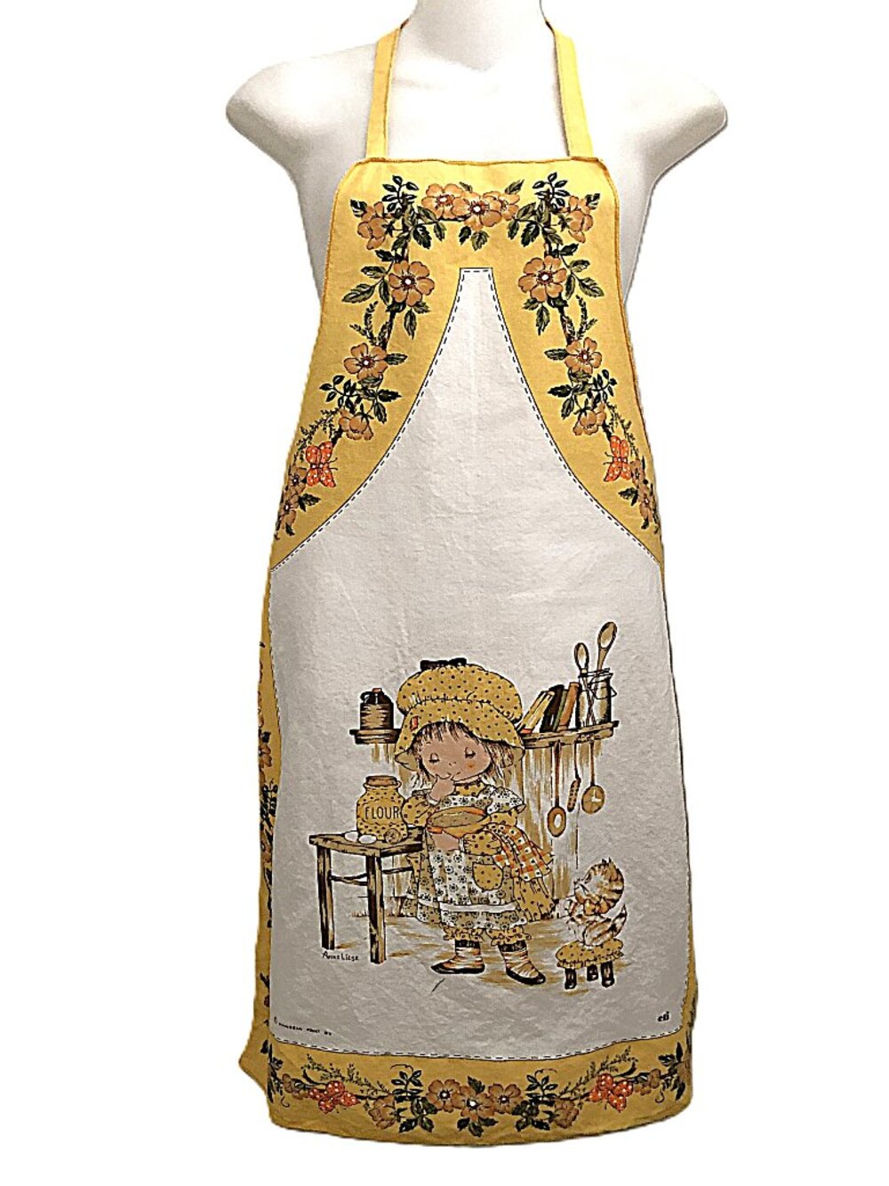 Vintage 70s Bib Apron Anne Liese Sweet Bonnet Wearing Girl with Kitten